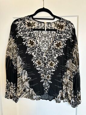 Free People Black Floral V-Neck Blouse
